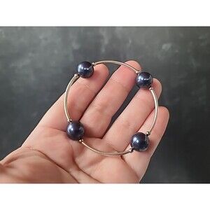 925 Sterling Silver Faux Blue Pearl Beaded Bangle Bracelet Vintage